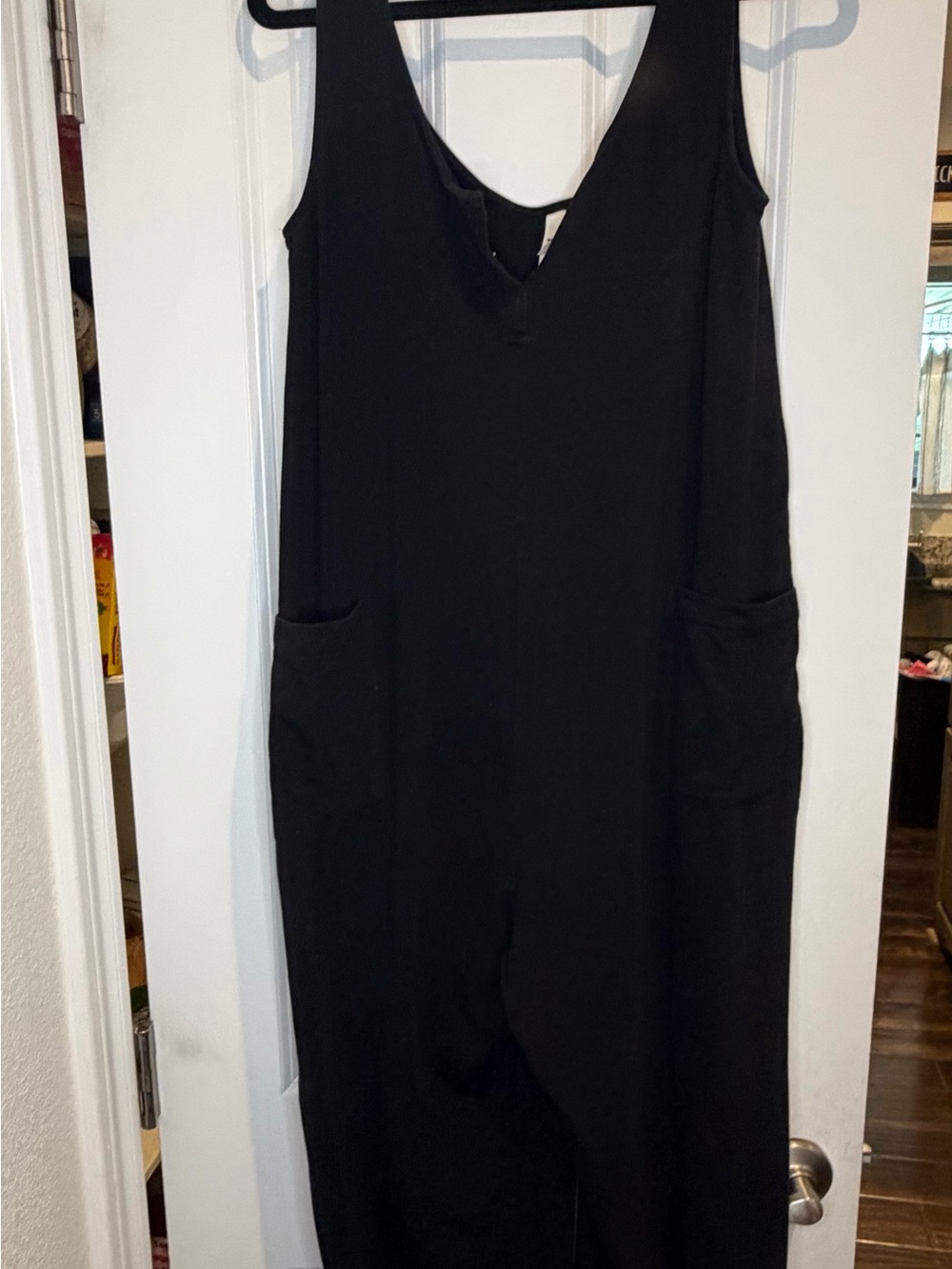 Pact Organic Cotton Jumpsuit Black Knit Snap Front Henley Sleeveless Wide Leg S